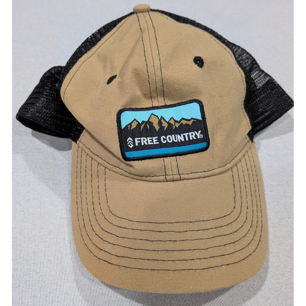 Free Country Trucker Hat Mens OSFA Tan Black Excellent Mountain Patch Snapback